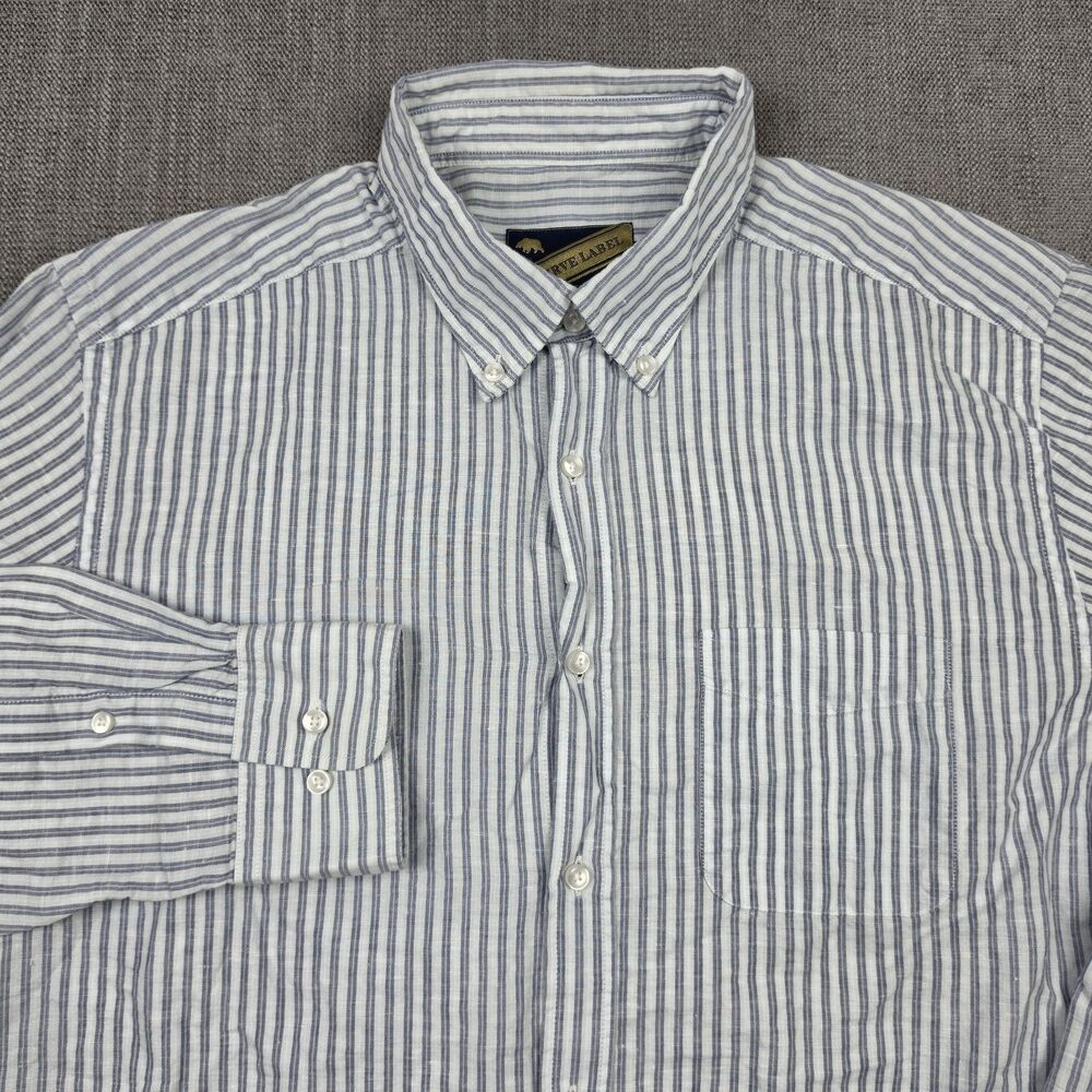 Onward Reserve Mens Large Linen Cotton Blue White Striped Button Down Shirt